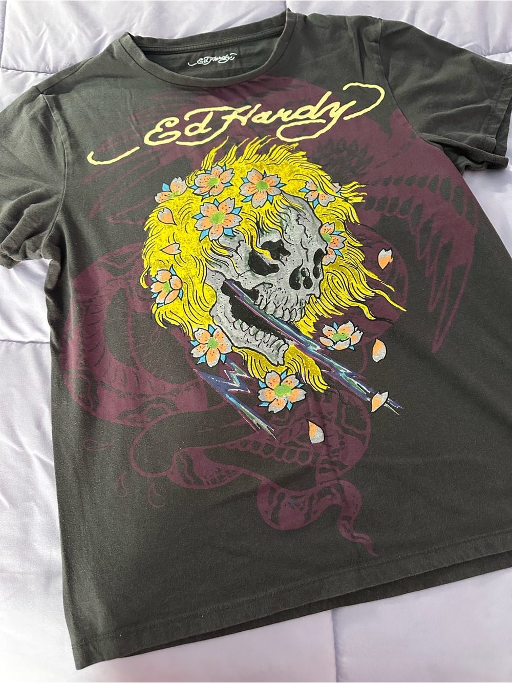 Ed Hardy Black Short‑Sleeve Skull & Floral Graphic Tee